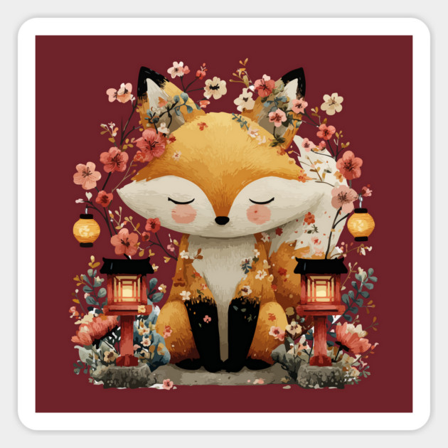 Japanese Kitsune Fox with Lanterns - Folklore & Anime Art Magnet by TuncGK