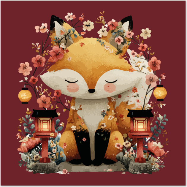 Japanese Kitsune Fox with Lanterns - Folklore & Anime Art Wall Art by TuncGK