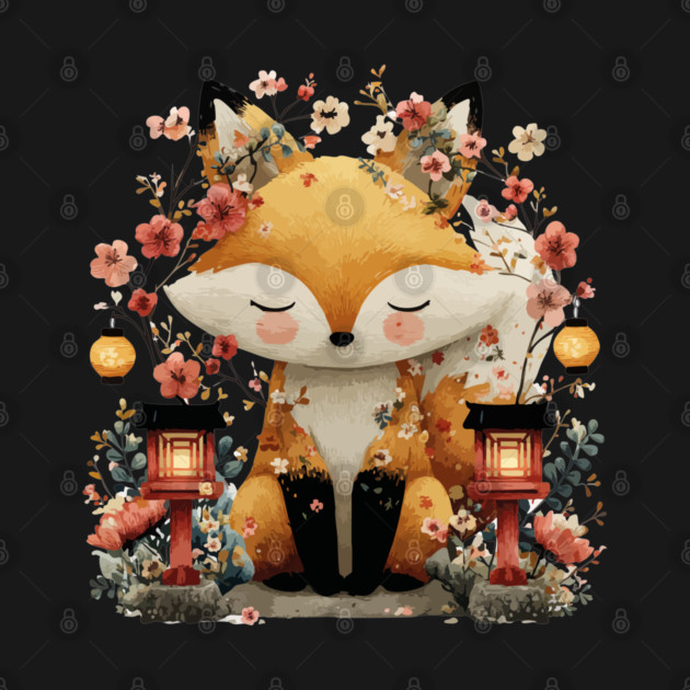 Japanese Kitsune Fox with Lanterns - Folklore & Anime Art by TuncGK