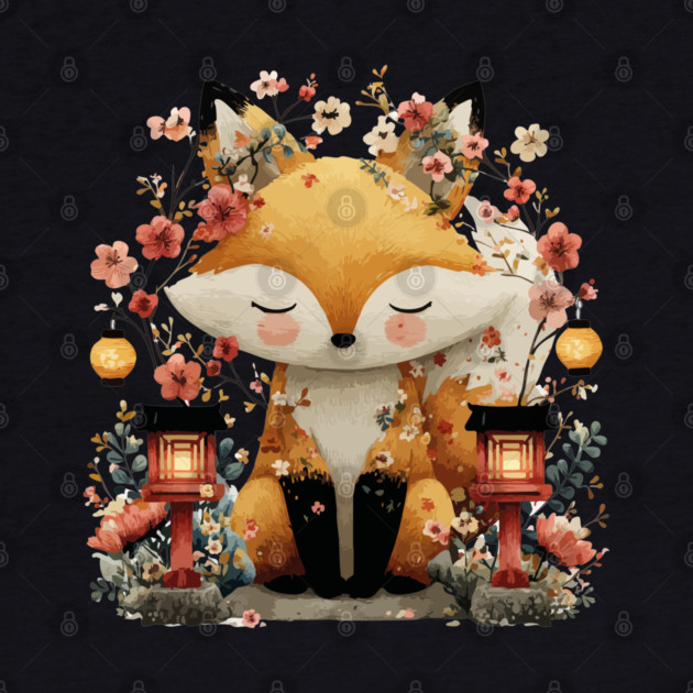Japanese Kitsune Fox with Lanterns - Folklore & Anime Art by TuncGK