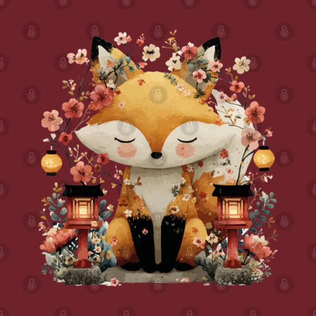 Japanese Kitsune Fox with Lanterns - Folklore & Anime Art by TuncGK