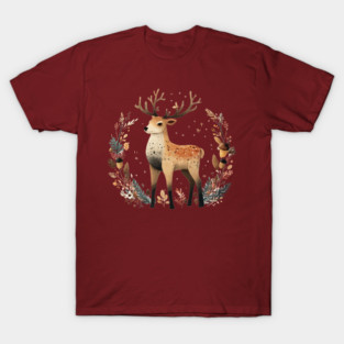 Mystical Stag in a Forest Wreath - Pagan & Celtic Folk Art T-Shirt