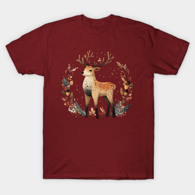 Mystical Stag in a Forest Wreath - Pagan & Celtic Folk Art T-Shirt by TuncGK