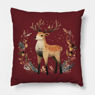 Mystical Stag in a Forest Wreath - Pagan & Celtic Folk Art Pillow