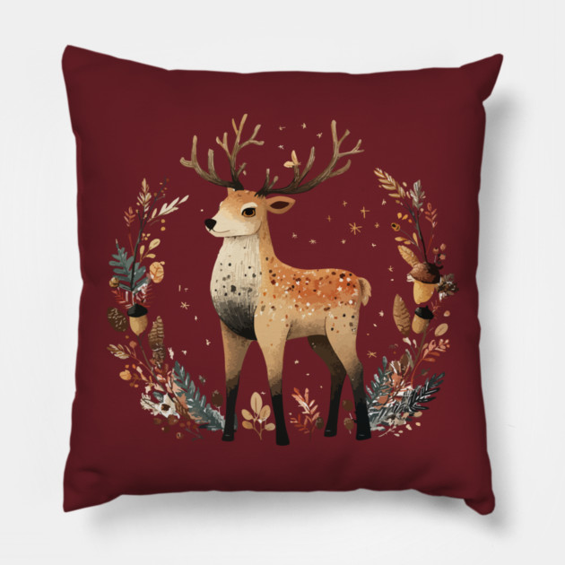 Mystical Stag in a Forest Wreath - Pagan & Celtic Folk Art Pillow by TuncGK