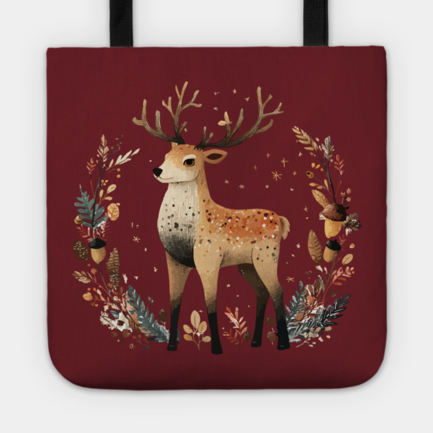 Mystical Stag in a Forest Wreath - Pagan & Celtic Folk Art Tote by TuncGK