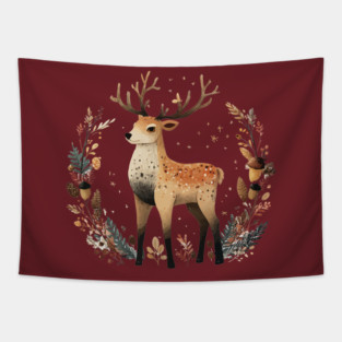 Mystical Stag in a Forest Wreath - Pagan & Celtic Folk Art Tapestry