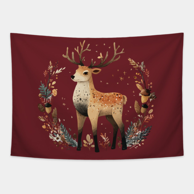 Mystical Stag in a Forest Wreath - Pagan & Celtic Folk Art Tapestry by TuncGK