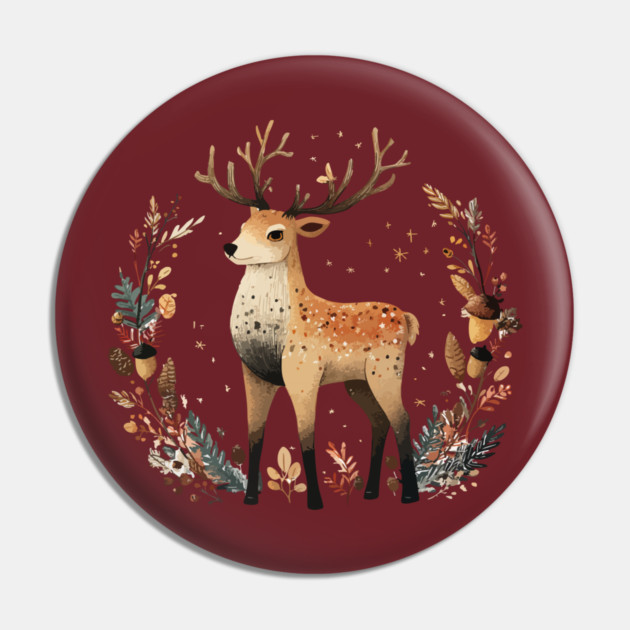 Mystical Stag in a Forest Wreath - Pagan & Celtic Folk Art Pin by TuncGK