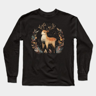 Mystical Stag in a Forest Wreath - Pagan & Celtic Folk Art Long Sleeve T-Shirt