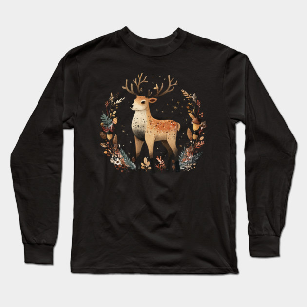 Mystical Stag in a Forest Wreath - Pagan & Celtic Folk Art Long Sleeve T-Shirt by TuncGK