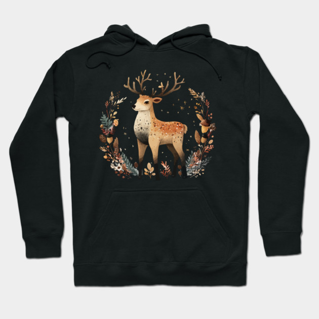 Mystical Stag in a Forest Wreath - Pagan & Celtic Folk Art Hoodie by TuncGK