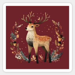 Mystical Stag in a Forest Wreath - Pagan & Celtic Folk Art Sticker