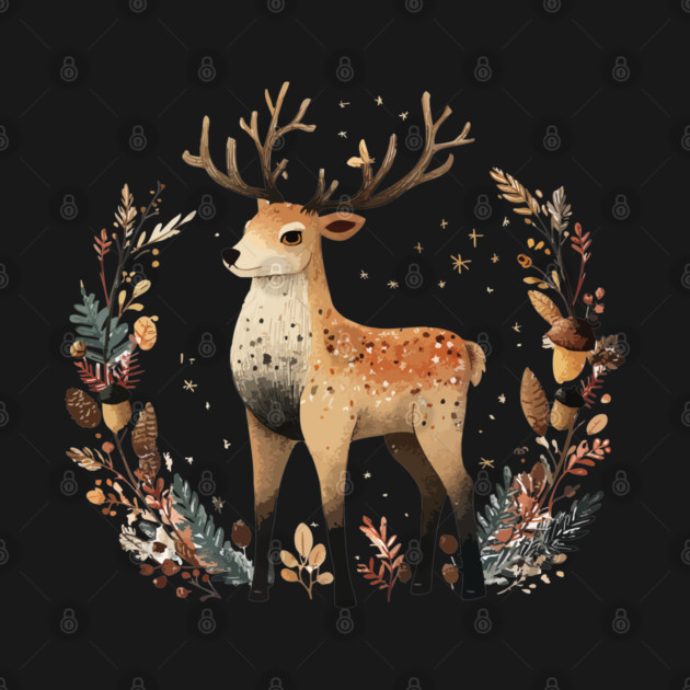 Mystical Stag in a Forest Wreath - Pagan & Celtic Folk Art by TuncGK