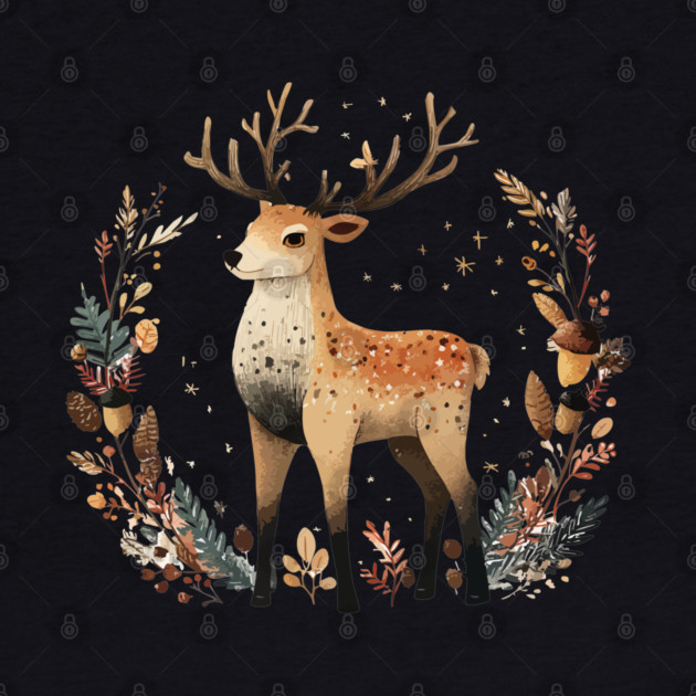 Mystical Stag in a Forest Wreath - Pagan & Celtic Folk Art by TuncGK