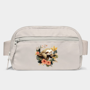 Sleepy Sloth in a Tropical Wreath - Slow Living Folk Art Bag