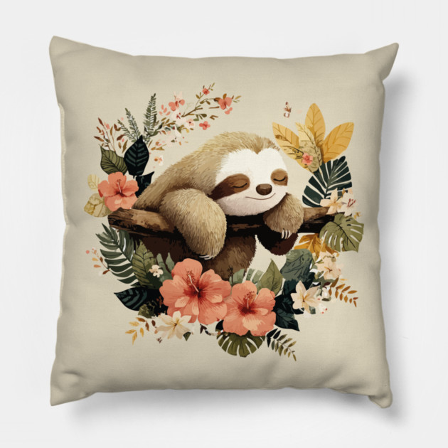 Sleepy Sloth in a Tropical Wreath - Slow Living Folk Art Pillow by TuncGK