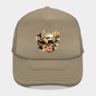 Sleepy Sloth in a Tropical Wreath - Slow Living Folk Art Hat