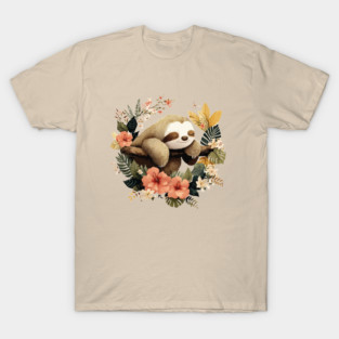 Sleepy Sloth in a Tropical Wreath - Slow Living Folk Art T-Shirt