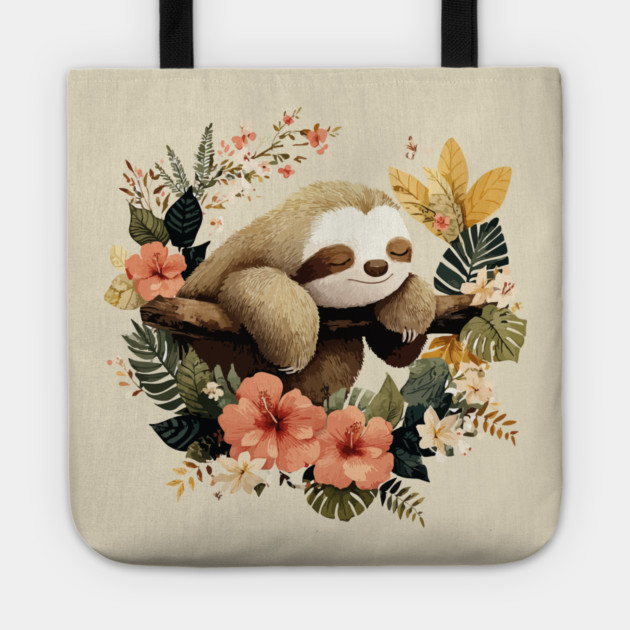 Sleepy Sloth in a Tropical Wreath - Slow Living Folk Art Tote by TuncGK
