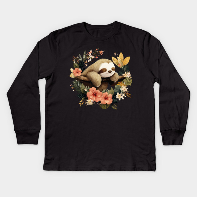 Sleepy Sloth in a Tropical Wreath - Slow Living Folk Art Kids Long Sleeve T-Shirt by TuncGK