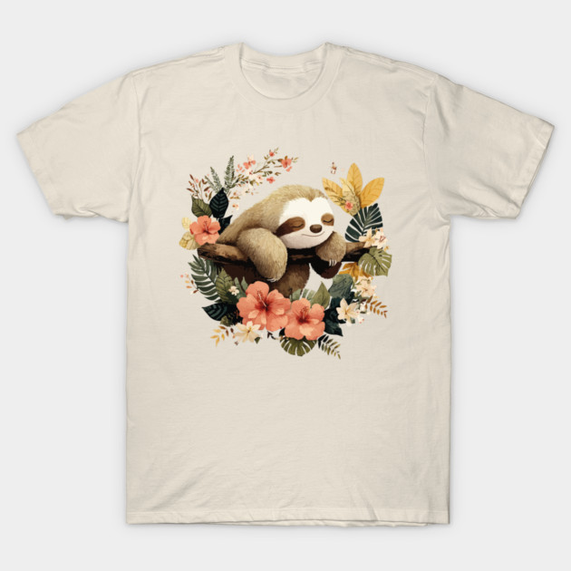 Sleepy Sloth in a Tropical Wreath - Slow Living Folk Art T-Shirt by TuncGK