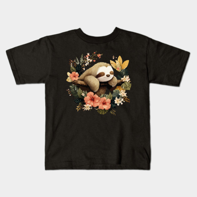 Sleepy Sloth in a Tropical Wreath - Slow Living Folk Art Kids T-Shirt by TuncGK