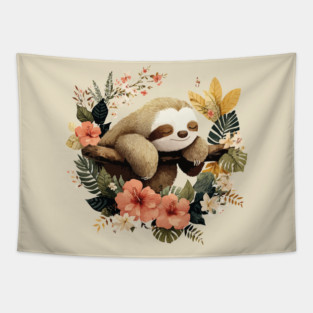 Sleepy Sloth in a Tropical Wreath - Slow Living Folk Art Tapestry