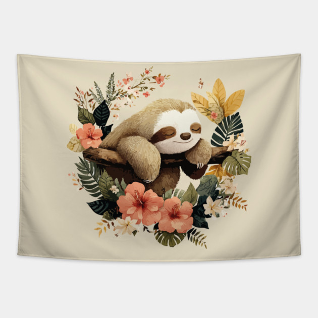 Sleepy Sloth in a Tropical Wreath - Slow Living Folk Art Tapestry by TuncGK