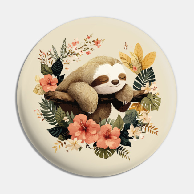 Sleepy Sloth in a Tropical Wreath - Slow Living Folk Art Pin by TuncGK