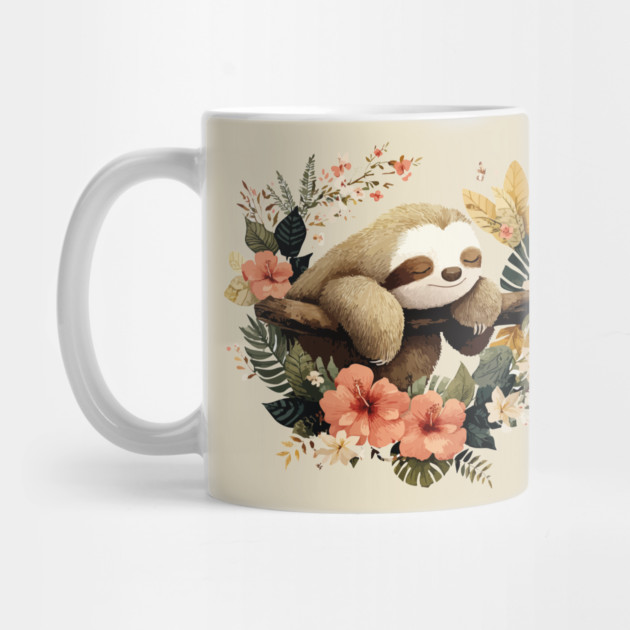 Sleepy Sloth in a Tropical Wreath - Slow Living Folk Art by TuncGK