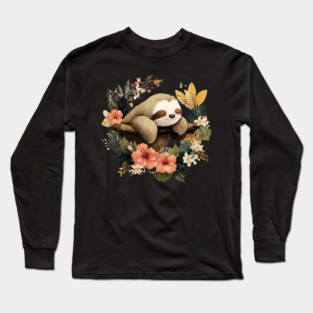Sleepy Sloth in a Tropical Wreath - Slow Living Folk Art Long Sleeve T-Shirt