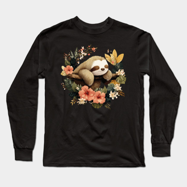 Sleepy Sloth in a Tropical Wreath - Slow Living Folk Art Long Sleeve T-Shirt by TuncGK