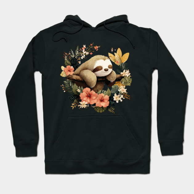 Sleepy Sloth in a Tropical Wreath - Slow Living Folk Art Hoodie by TuncGK