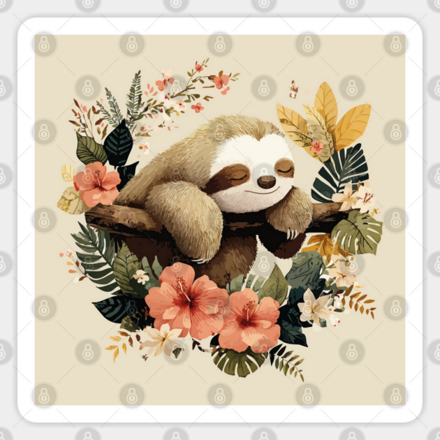 Sleepy Sloth in a Tropical Wreath - Slow Living Folk Art Sticker by TuncGK