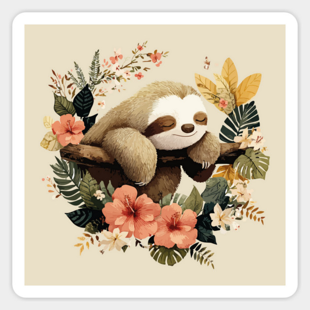 Sleepy Sloth in a Tropical Wreath - Slow Living Folk Art Magnet by TuncGK