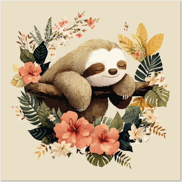 Sleepy Sloth in a Tropical Wreath - Slow Living Folk Art Wall Art by TuncGK