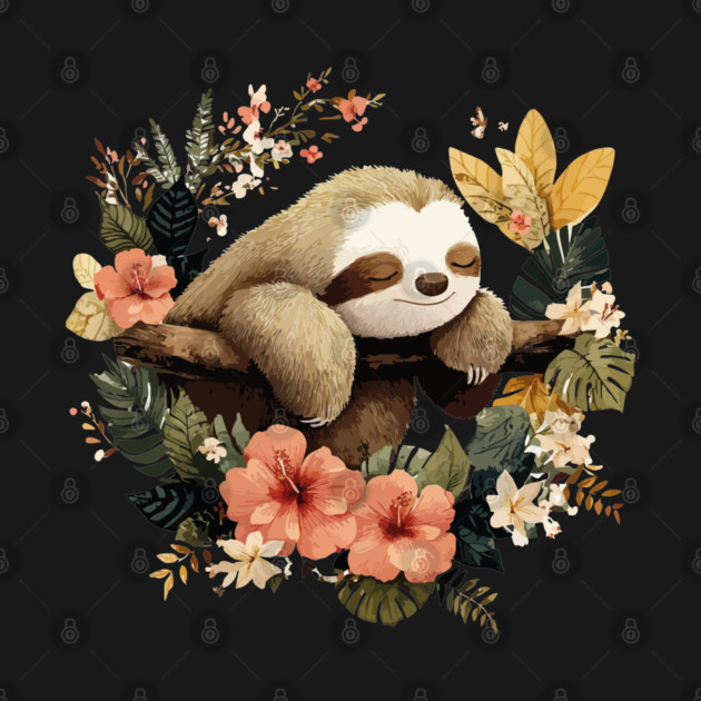 Sleepy Sloth in a Tropical Wreath - Slow Living Folk Art by TuncGK