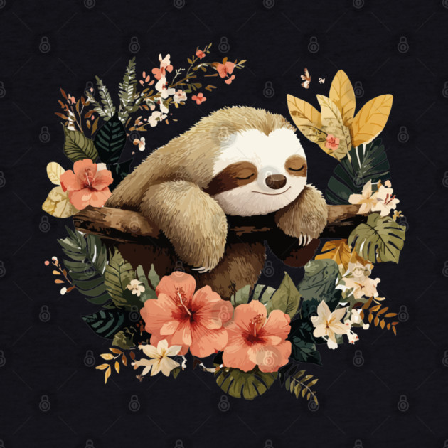 Sleepy Sloth in a Tropical Wreath - Slow Living Folk Art by TuncGK