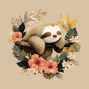Sleepy Sloth in a Tropical Wreath - Slow Living Folk Art T-Shirt