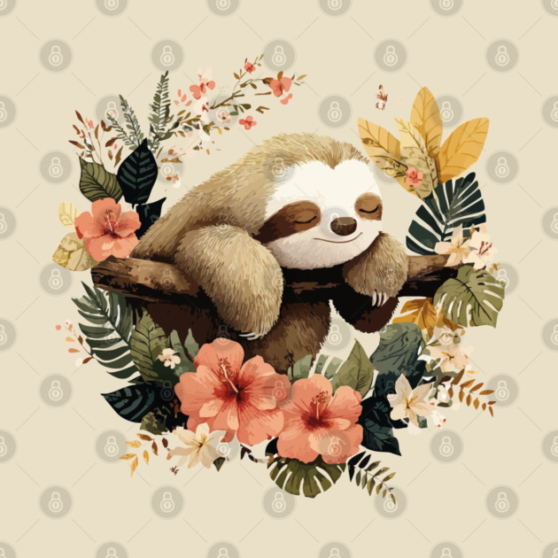 Sleepy Sloth in a Tropical Wreath - Slow Living Folk Art by TuncGK