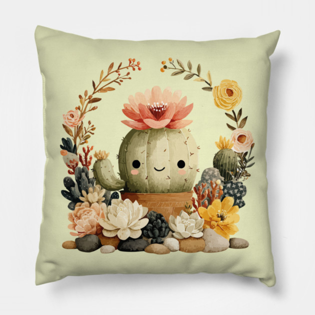Smiling Cactus in a Succulent Wreath - Plant Parent Folk Art Pillow by TuncGK