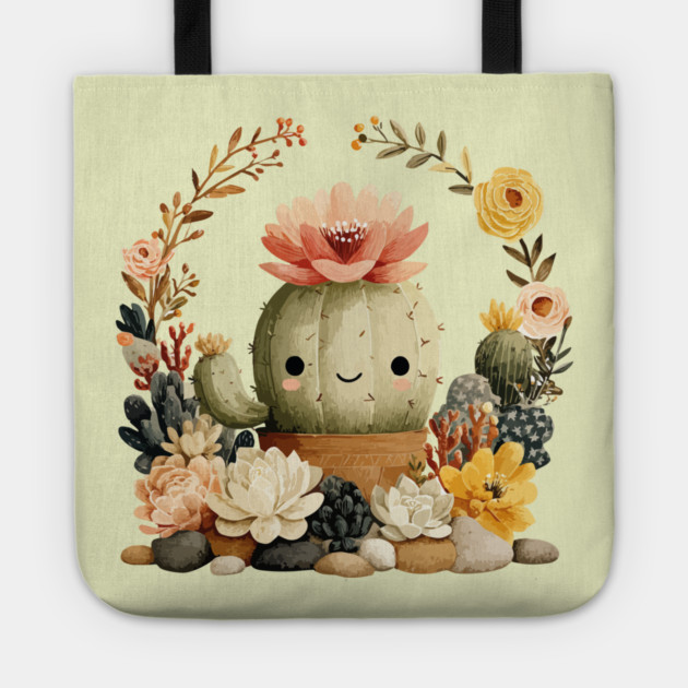 Smiling Cactus in a Succulent Wreath - Plant Parent Folk Art Tote by TuncGK