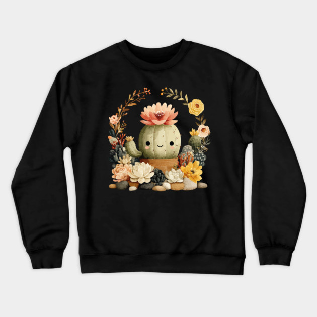 Smiling Cactus in a Succulent Wreath - Plant Parent Folk Art Crewneck Sweatshirt by TuncGK