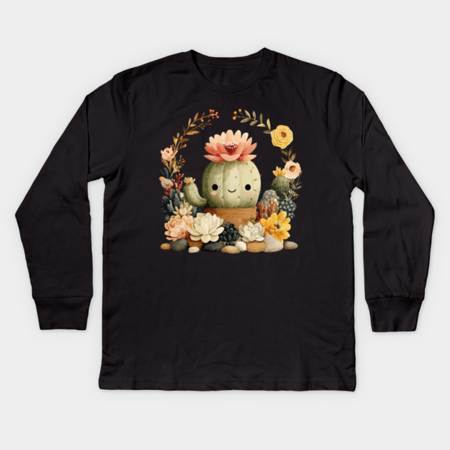 Smiling Cactus in a Succulent Wreath - Plant Parent Folk Art Kids Long Sleeve T-Shirt by TuncGK