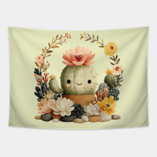Smiling Cactus in a Succulent Wreath - Plant Parent Folk Art Tapestry