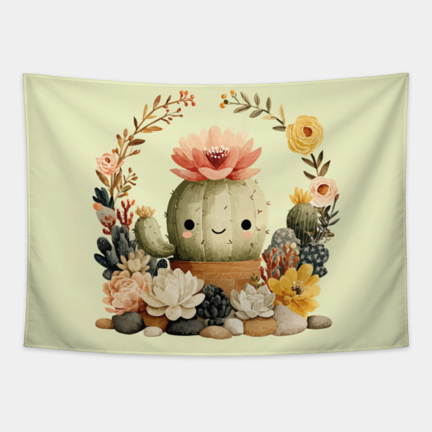 Smiling Cactus in a Succulent Wreath - Plant Parent Folk Art Tapestry by TuncGK