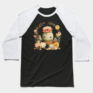 Smiling Cactus in a Succulent Wreath - Plant Parent Folk Art Baseball T-Shirt