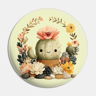 Smiling Cactus in a Succulent Wreath - Plant Parent Folk Art Pin