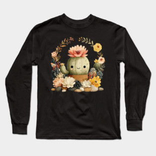 Smiling Cactus in a Succulent Wreath - Plant Parent Folk Art Long Sleeve T-Shirt